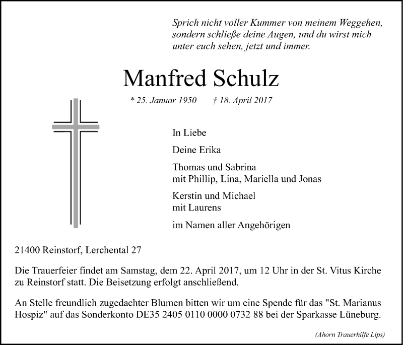  Traueranzeige für Manfred Schulz vom 20.04.2017 aus LZ