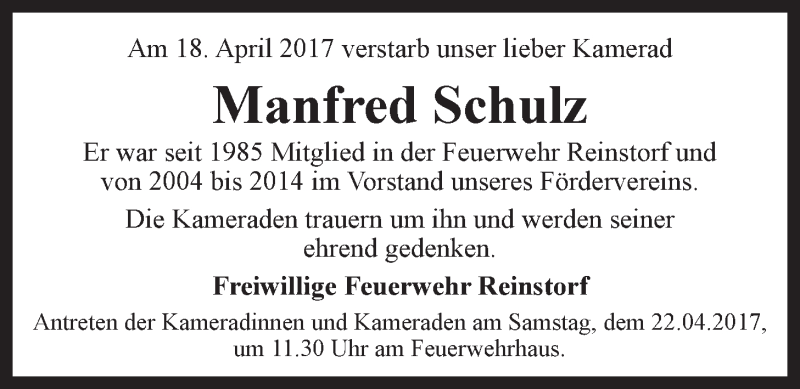 Traueranzeige für Manfred Schulz vom 21.04.2017 aus LZ
