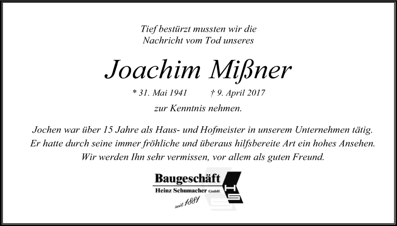  Traueranzeige für Joachim Mißner vom 12.04.2017 aus LZ