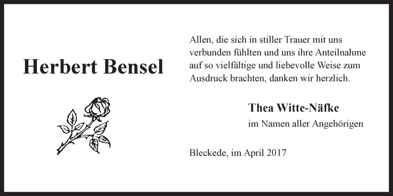  Traueranzeige für Herbert Bensel vom 01.04.2017 aus LZ