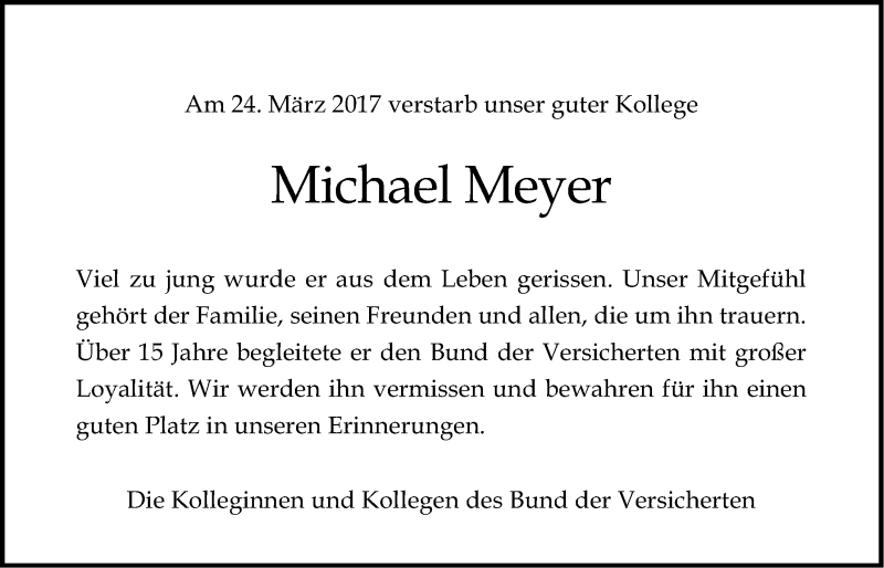  Traueranzeige für Michael Meyer vom 01.04.2017 aus LZ