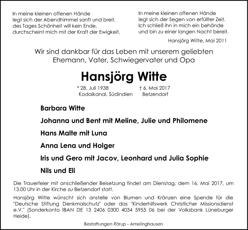  Traueranzeige für Hansjörg Witte vom 11.05.2017 aus LZ