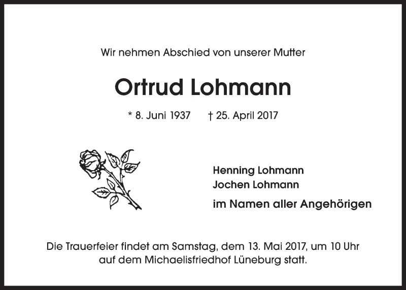  Traueranzeige für Ortrud Lohmann vom 09.05.2017 aus LZ
