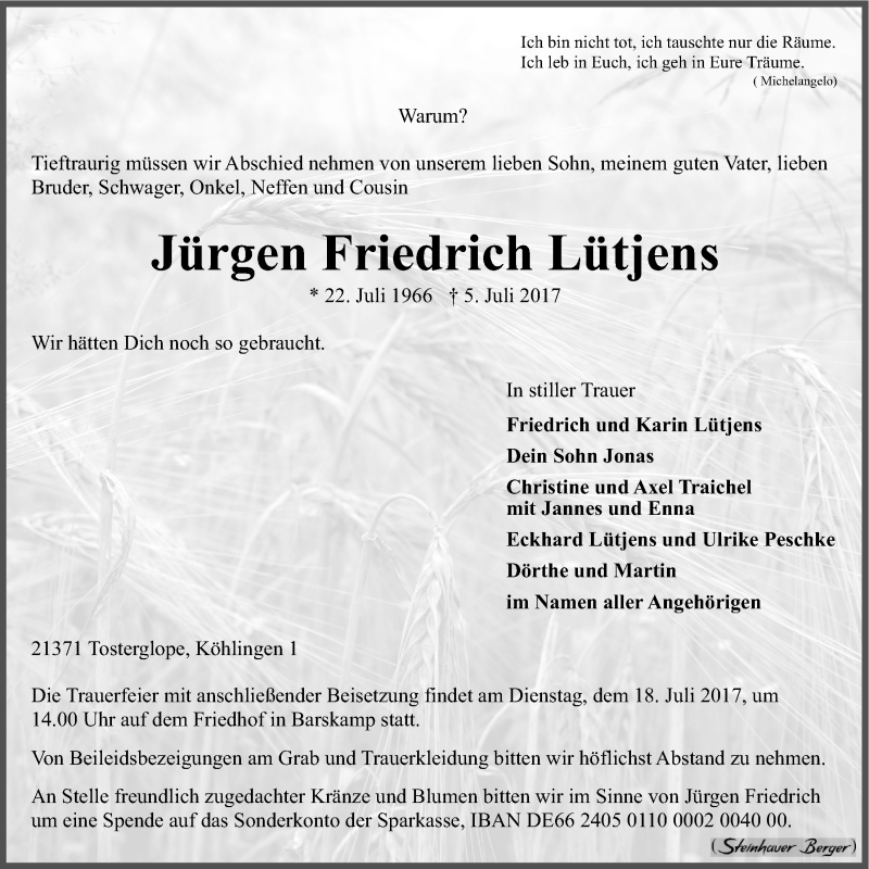  Traueranzeige für Jürgen Friedrich Lütjens vom 12.07.2017 aus LZ