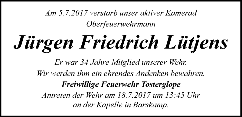  Traueranzeige für Jürgen Friedrich Lütjens vom 12.07.2017 aus LZ
