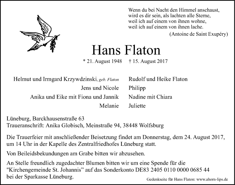  Traueranzeige für Hans Flaton vom 19.08.2017 aus LZ