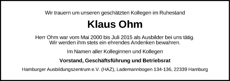  Traueranzeige für Klaus Ohm vom 30.08.2017 aus LZ