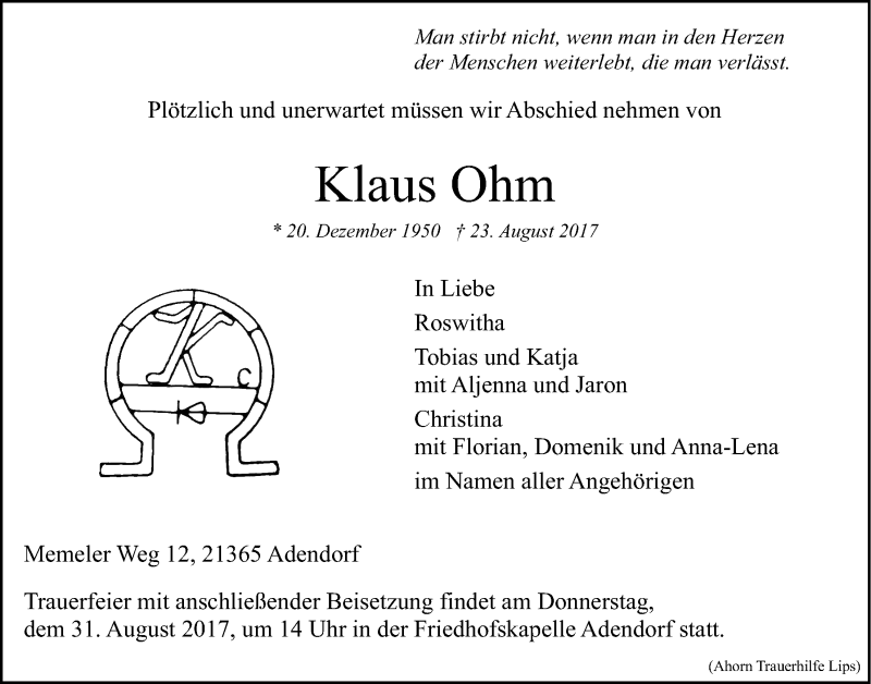  Traueranzeige für Klaus Ohm vom 26.08.2017 aus LZ
