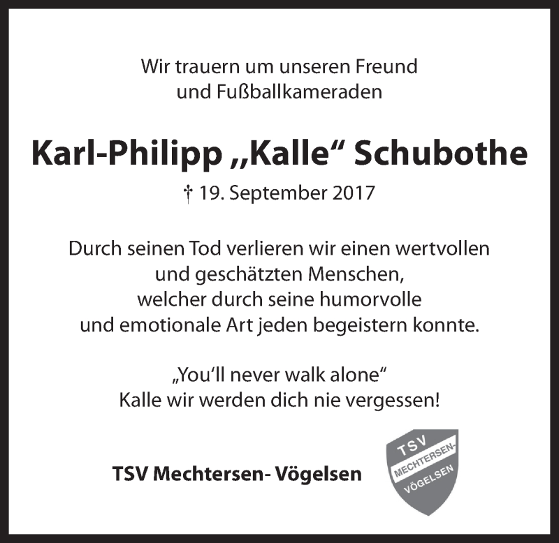  Traueranzeige für Karl-Philipp Schubothe vom 23.09.2017 aus LZ
