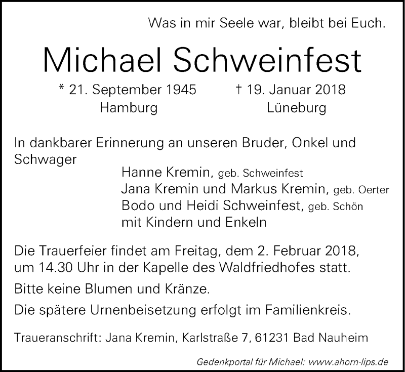  Traueranzeige für Michael Schweinfest vom 27.01.2018 aus LZ