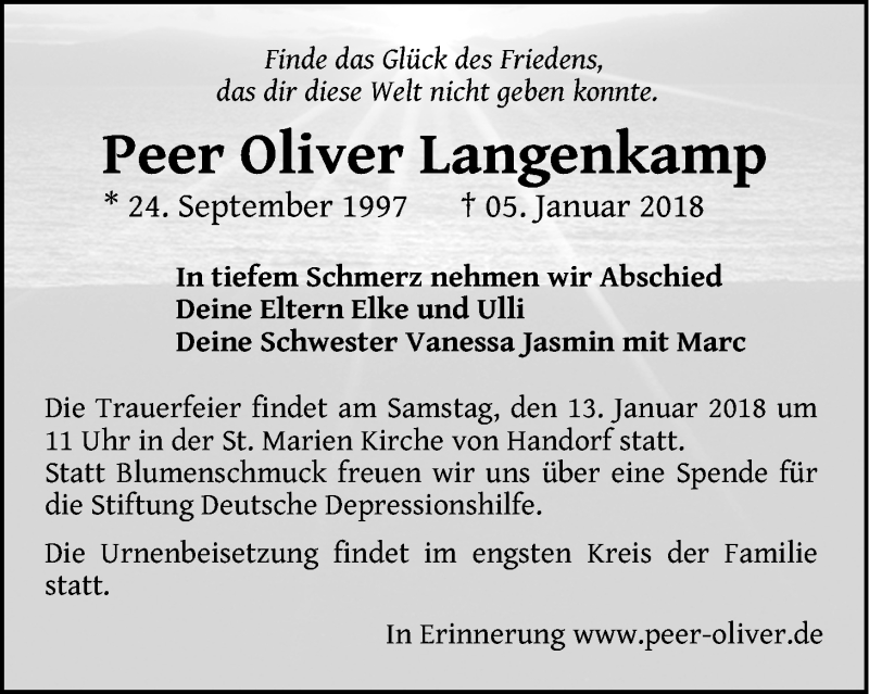  Traueranzeige für Peer Oliver Langenkamp vom 11.01.2018 aus LZ