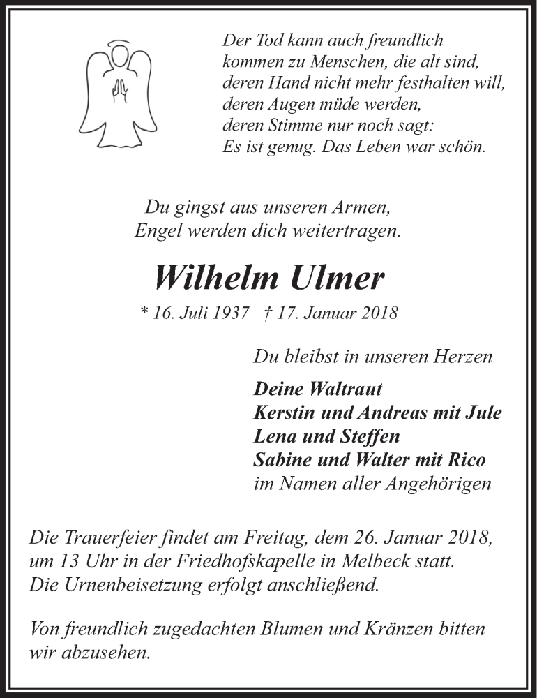  Traueranzeige für Wilhelm Ulmer vom 20.01.2018 aus LZ