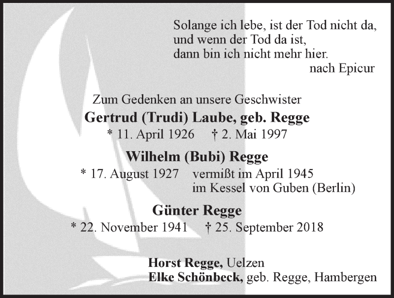  Traueranzeige für Günter Regge vom 06.10.2018 aus LZ
