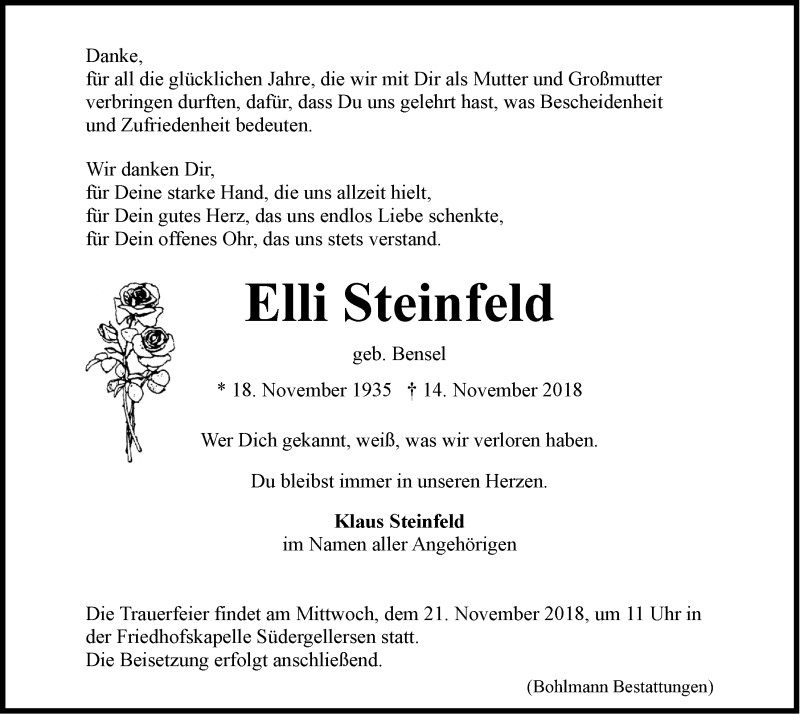  Traueranzeige für Elli Steinfeld vom 17.11.2018 aus LZ