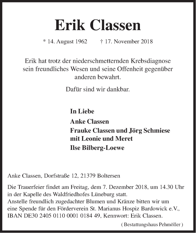  Traueranzeige für Erik Classen vom 01.12.2018 aus LZ