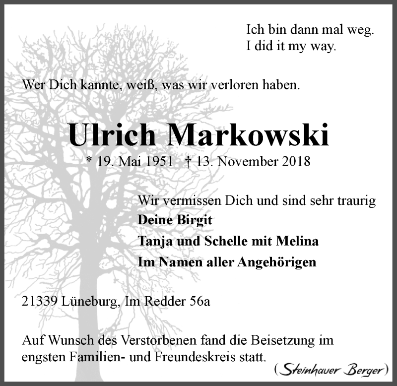  Traueranzeige für Ulrich Markowski vom 08.12.2018 aus LZ