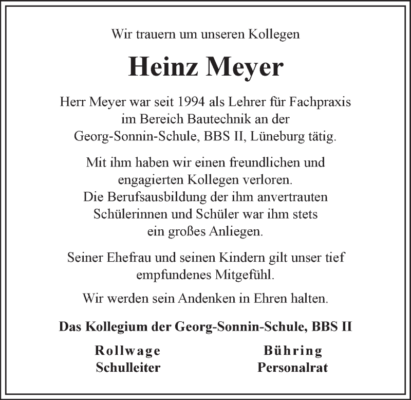  Traueranzeige für Heinz Meyer vom 10.02.2018 aus LZ