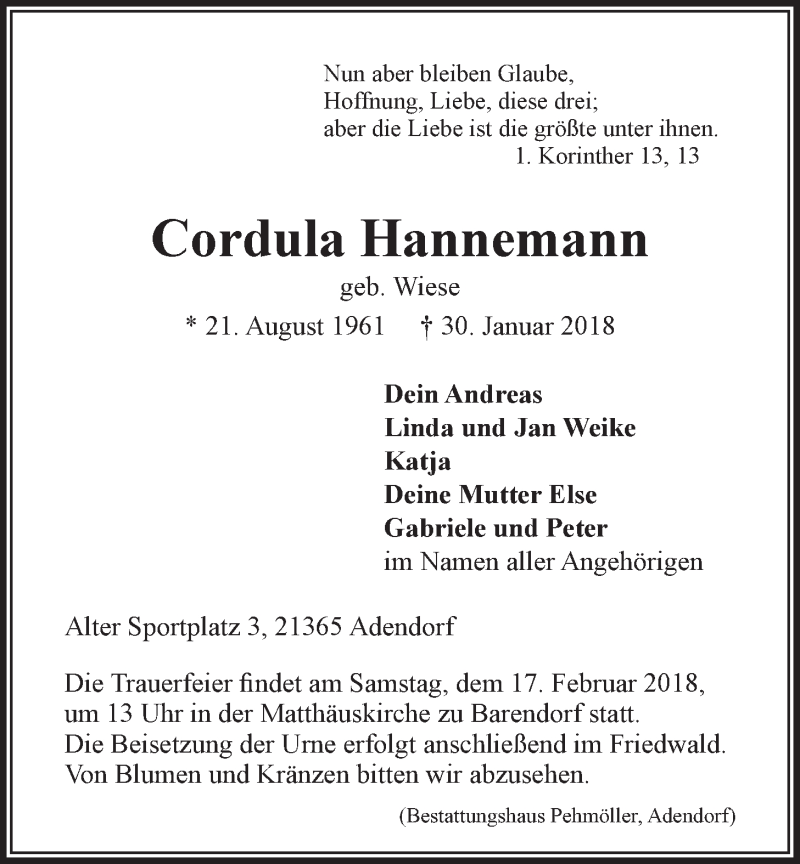  Traueranzeige für Cordula Hannemann vom 10.02.2018 aus LZ