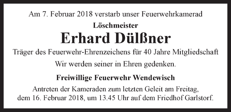 Traueranzeige für Erhard Dülßner vom 13.02.2018 aus LZ