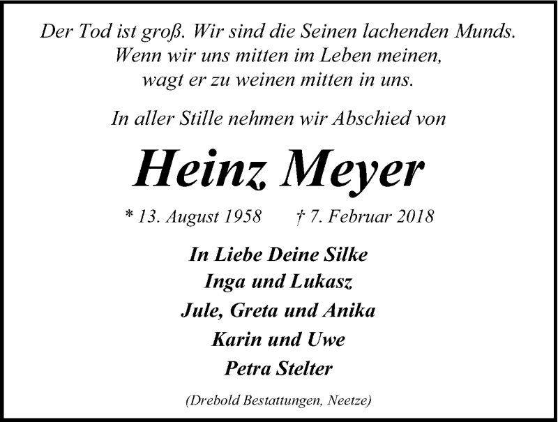  Traueranzeige für Heinz Meyer vom 10.02.2018 aus LZ