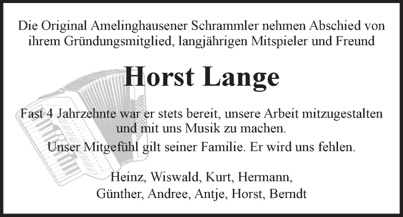  Traueranzeige für Horst Lange vom 29.03.2018 aus LZ