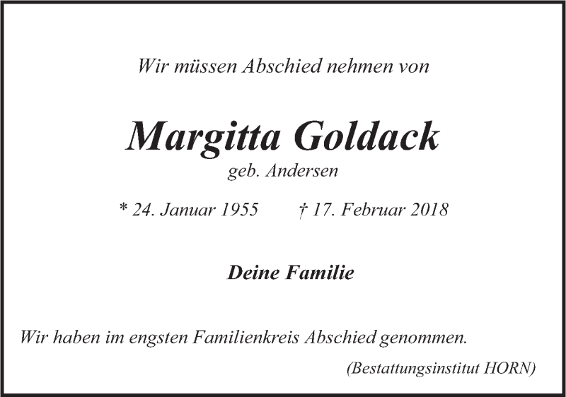  Traueranzeige für Margitta Goldack vom 03.03.2018 aus LZ