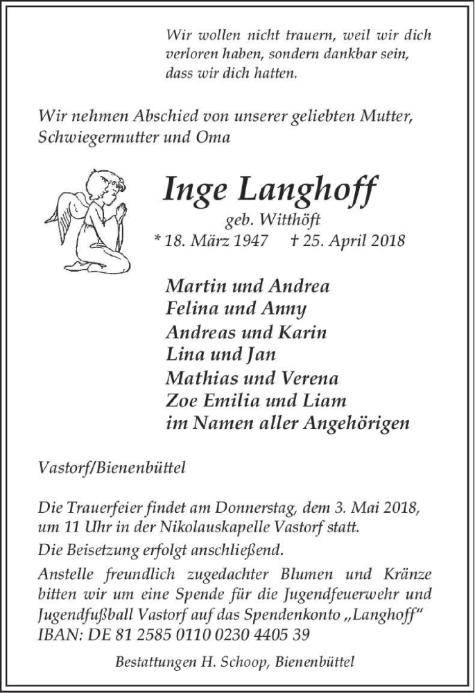  Traueranzeige für Inge Langhoff vom 28.04.2018 aus LZ