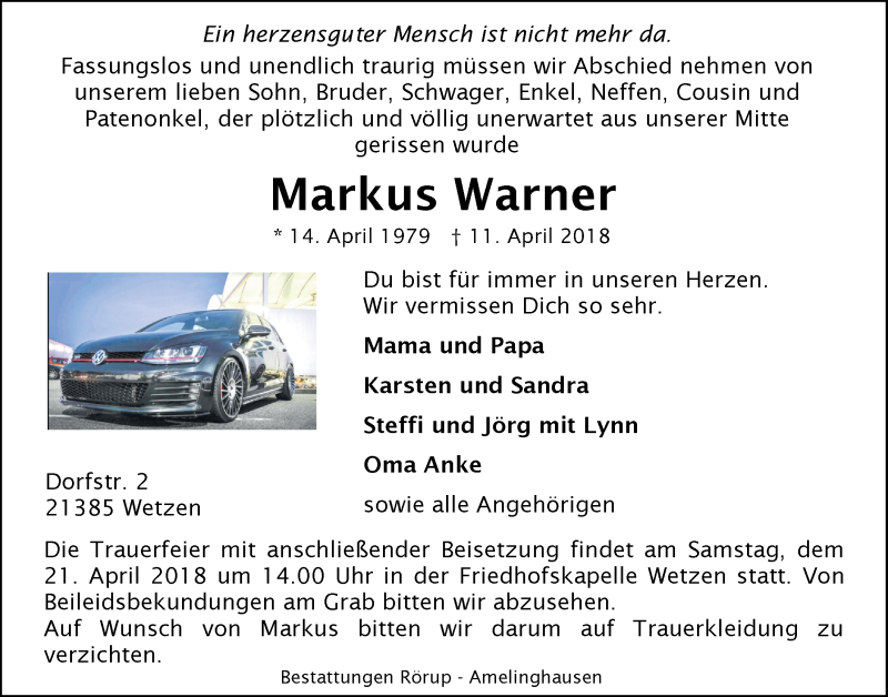  Traueranzeige für Markus Warner vom 18.04.2018 aus LZ