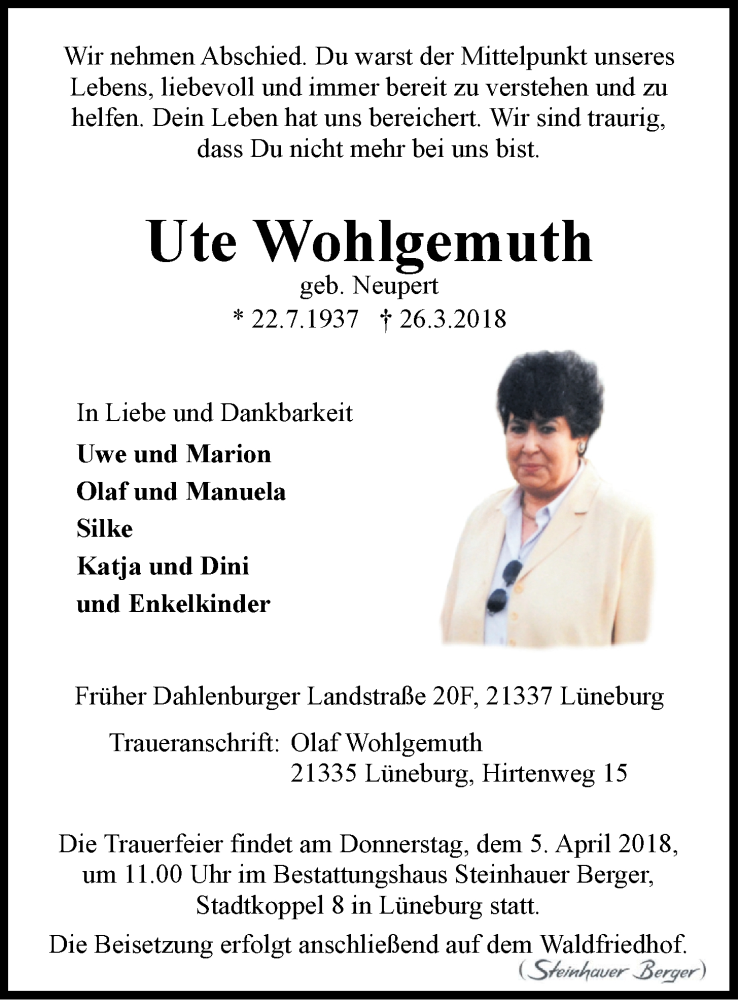  Traueranzeige für Ute Wohlgemuth vom 31.03.2018 aus LZ
