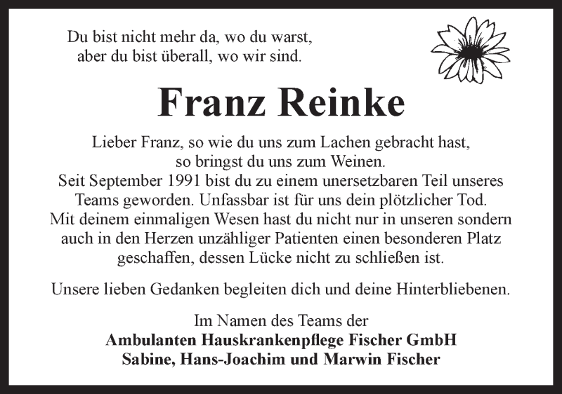  Traueranzeige für Franz Reinke vom 01.06.2018 aus LZ
