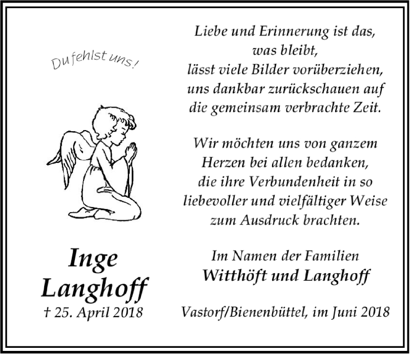  Traueranzeige für Inge Langhoff vom 02.06.2018 aus LZ