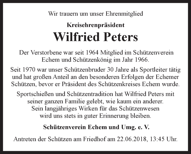  Traueranzeige für Wilfried Peters vom 20.06.2018 aus LZ
