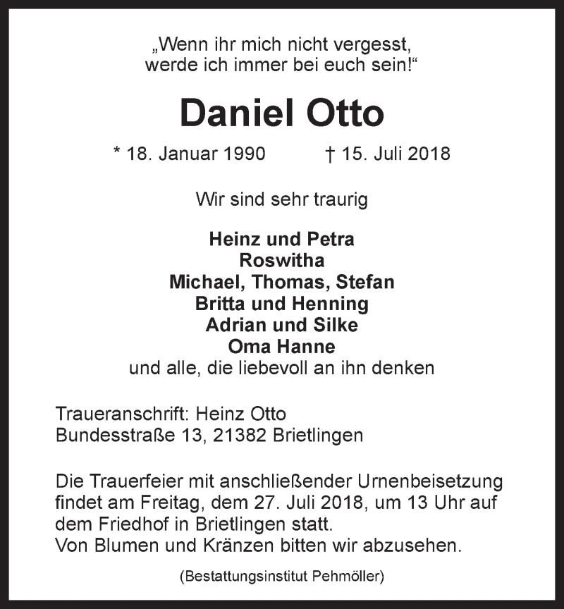  Traueranzeige für Daniel Otto vom 21.07.2018 aus LZ