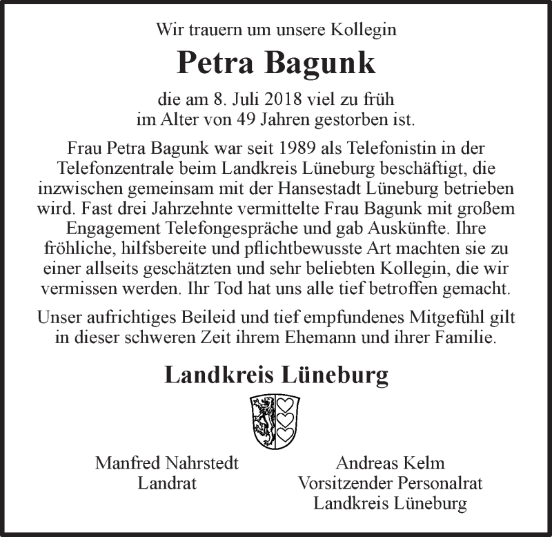  Traueranzeige für Petra Bagunk vom 14.07.2018 aus LZ