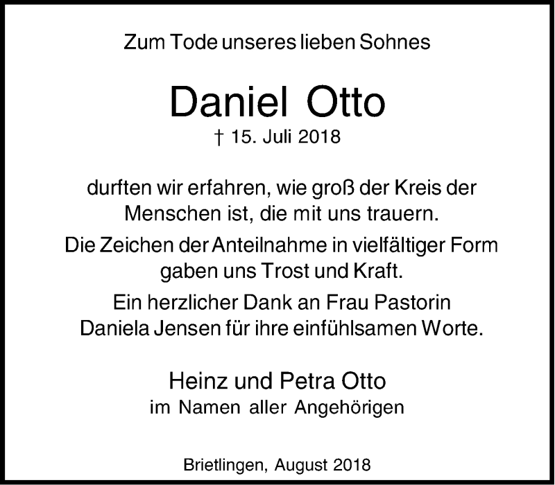  Traueranzeige für Daniel Otto vom 11.08.2018 aus LZ