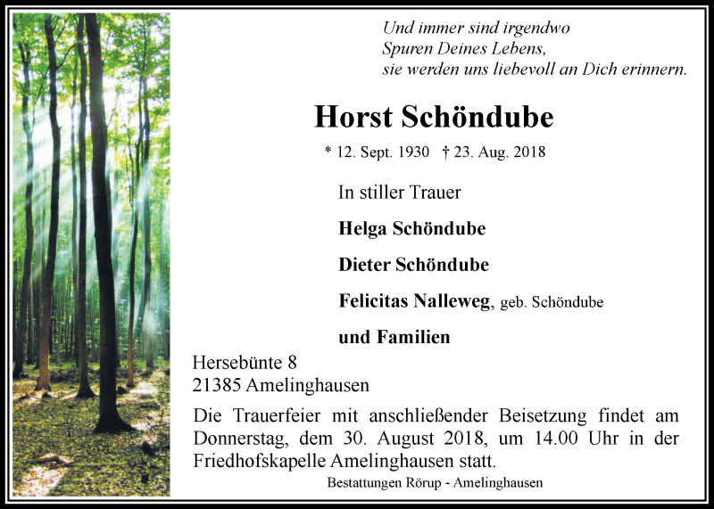  Traueranzeige für Horst Schöndube vom 27.08.2018 aus LZ