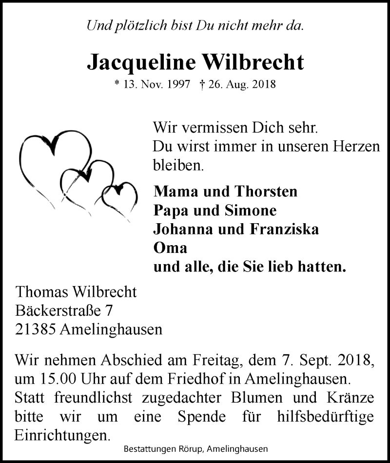  Traueranzeige für Jacqueline Wilbrecht vom 01.09.2018 aus LZ