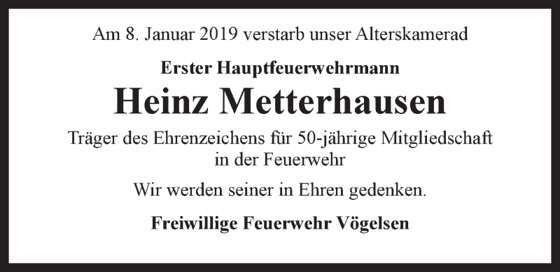  Traueranzeige für Heinz Metterhausen vom 12.01.2019 aus LZ