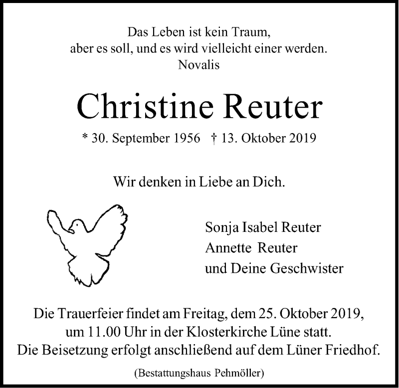  Traueranzeige für Christine Reuter vom 19.10.2019 aus LZ