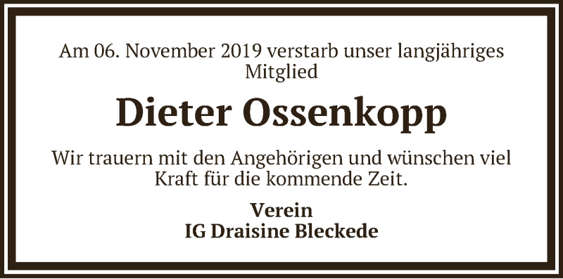 Traueranzeige für Dieter Ossenkopp vom 15.11.2019 aus LZ