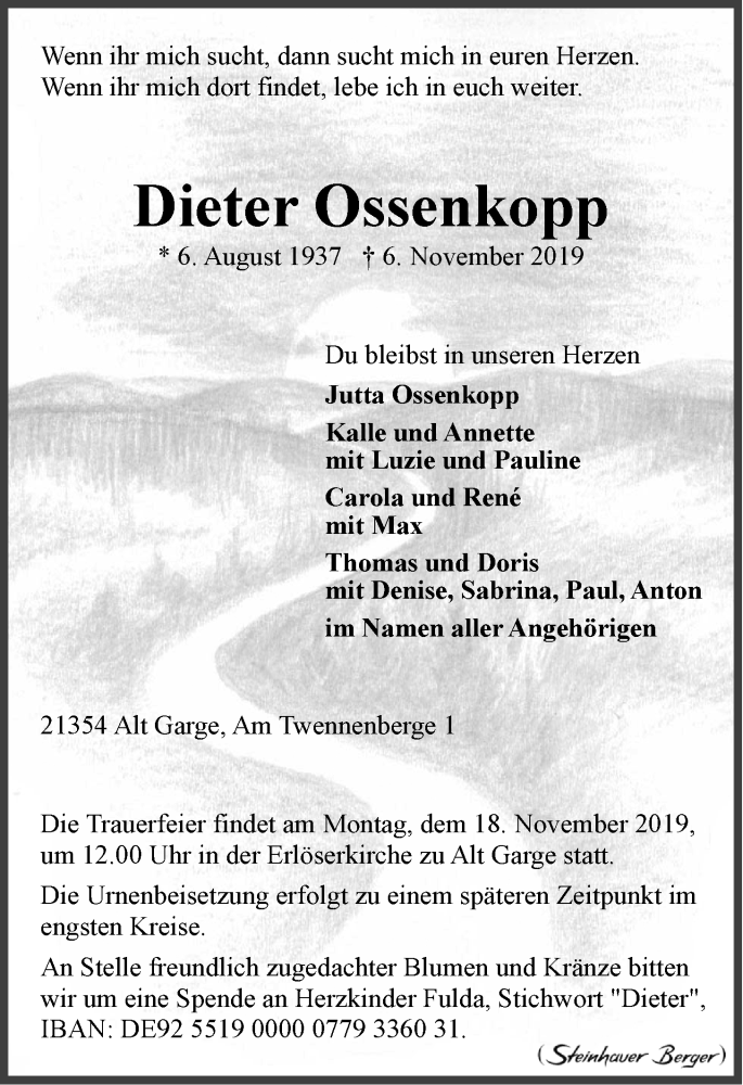  Traueranzeige für Dieter Ossenkopp vom 13.11.2019 aus LZ