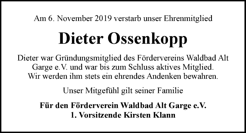  Traueranzeige für Dieter Ossenkopp vom 16.11.2019 aus LZ