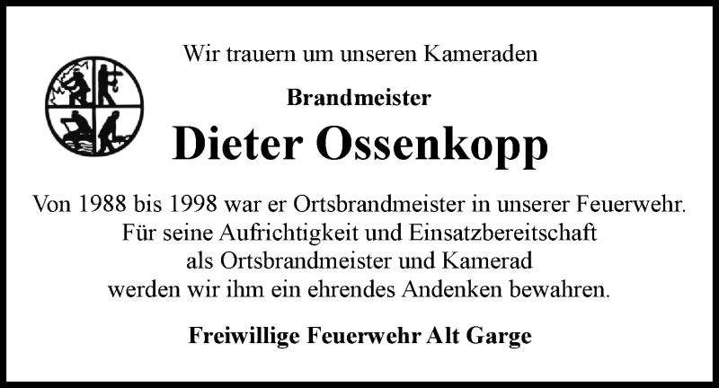  Traueranzeige für Dieter Ossenkopp vom 13.11.2019 aus LZ
