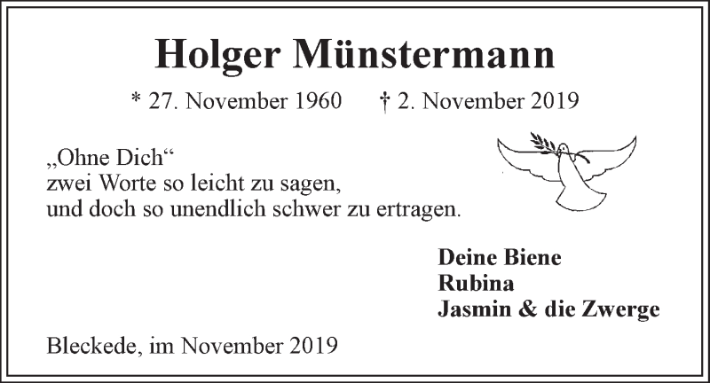  Traueranzeige für Holger Münstermann vom 07.11.2019 aus LZ