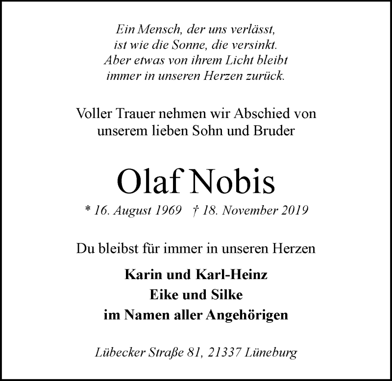  Traueranzeige für Olaf Nobis vom 23.11.2019 aus LZ