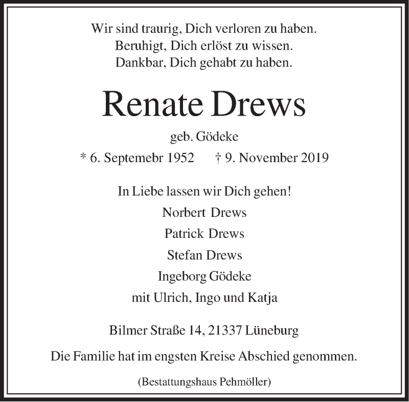 Traueranzeige für Renate Drews vom 16.11.2019 aus LZ