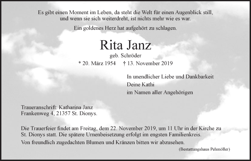  Traueranzeige für Rita Janz vom 19.11.2019 aus LZ