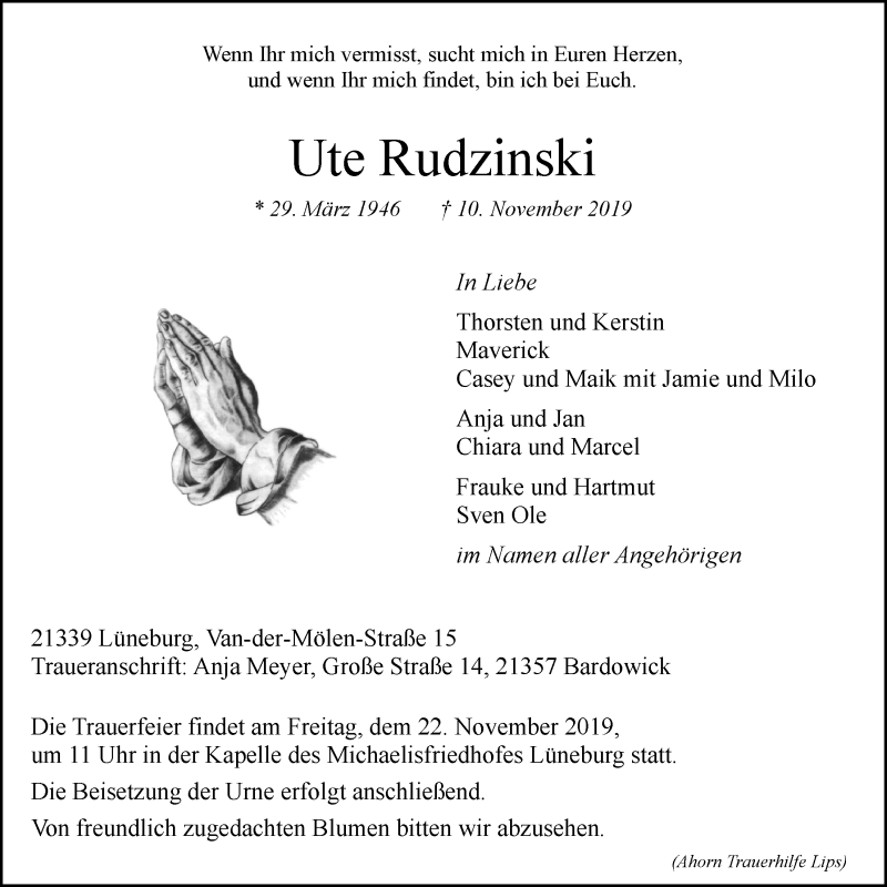  Traueranzeige für Ute Rudzinski vom 16.11.2019 aus LZ