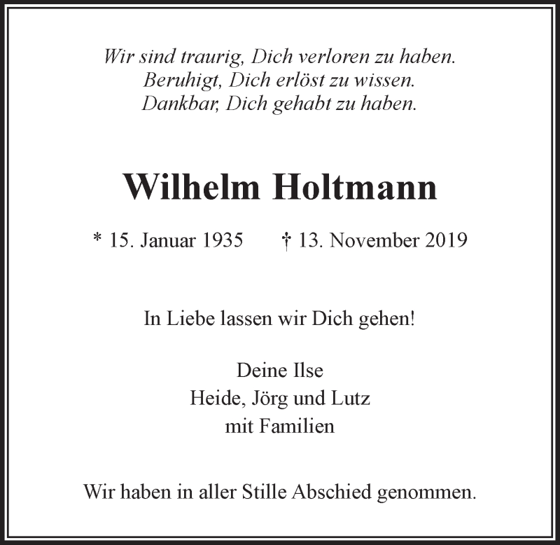  Traueranzeige für Wilhelm Holtmann vom 27.11.2019 aus LZ