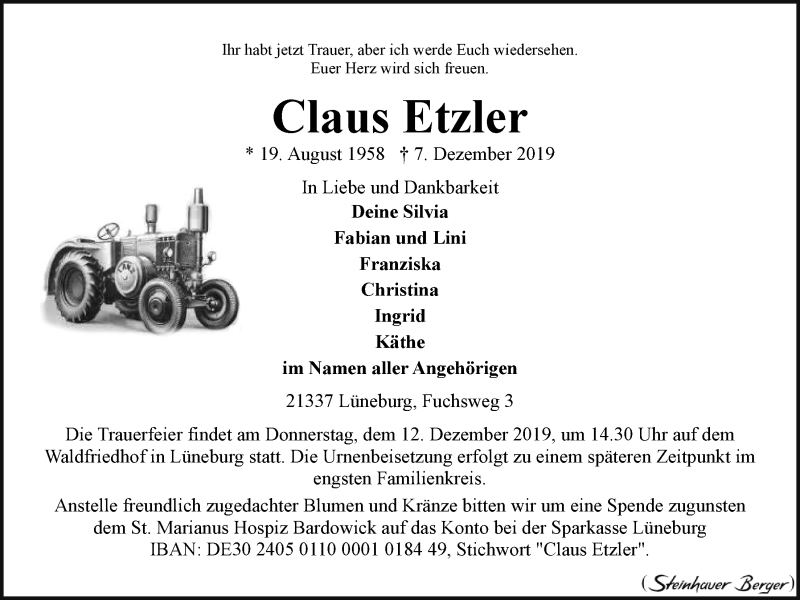  Traueranzeige für Claus Etzler vom 10.12.2019 aus LZ